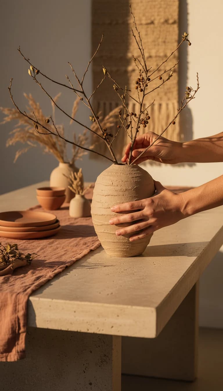 Textured Ceramic Vase in Warm Taupe in use