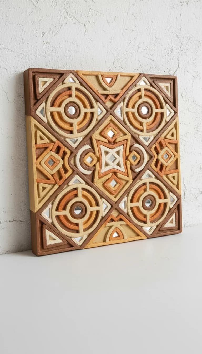 Alternate angle view of Custom Geometric Lippan Mural Panel