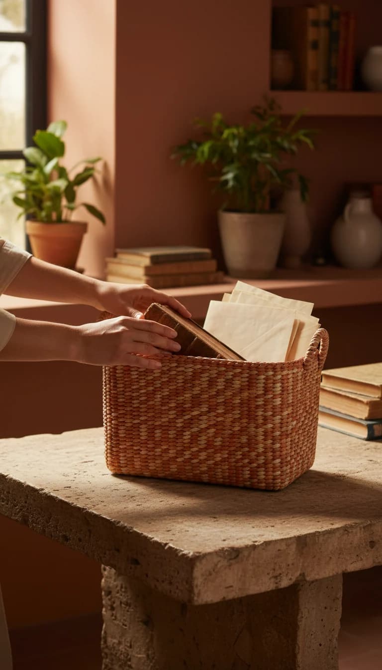 Woven storage basket with handles in use