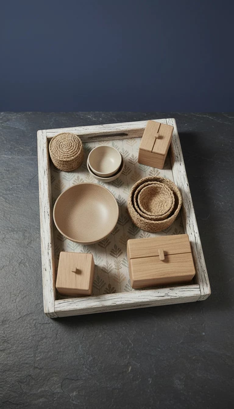 Driftwood tray with patterned lining in a new setting