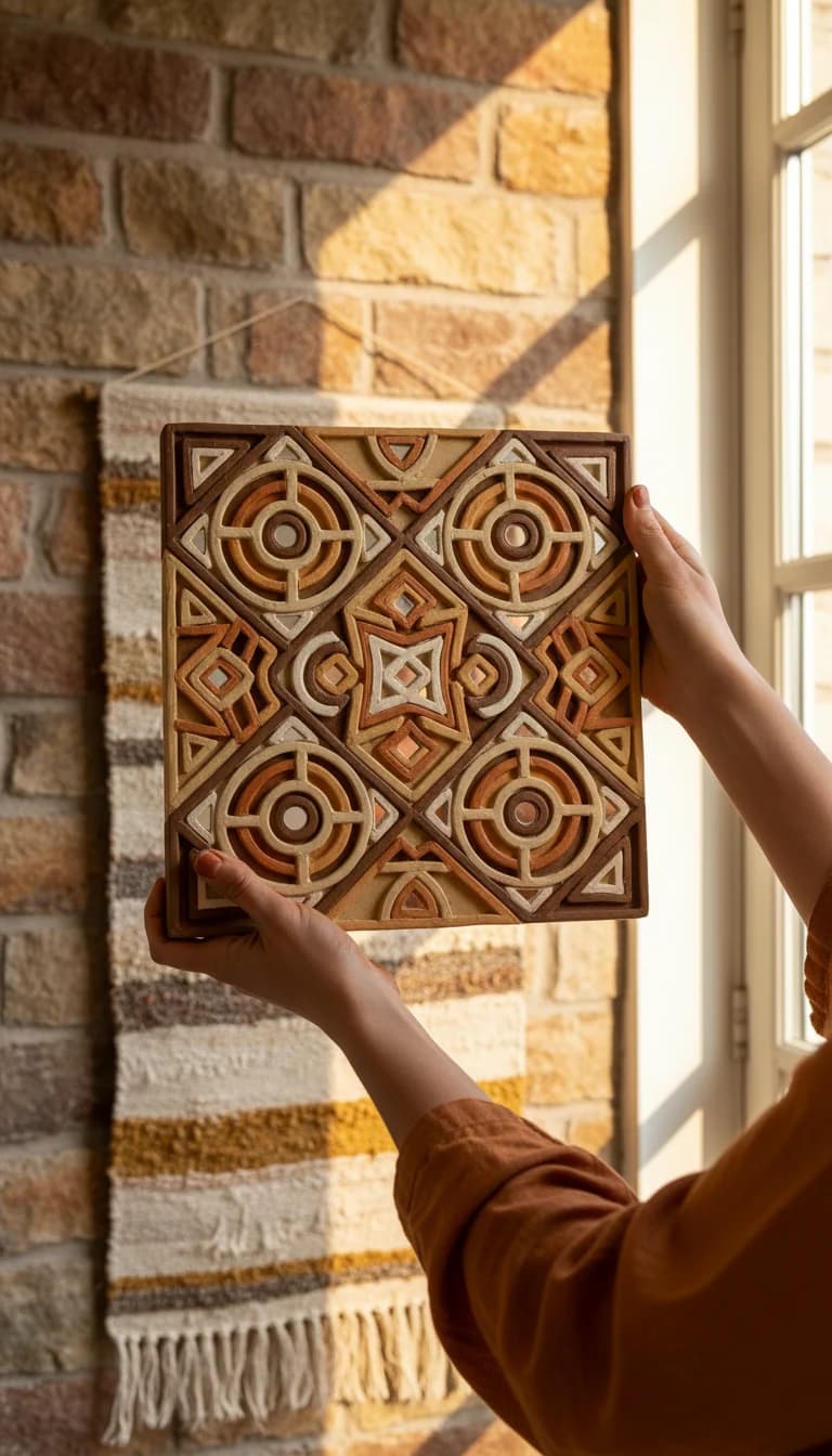 Custom Geometric Lippan Mural Panel in use