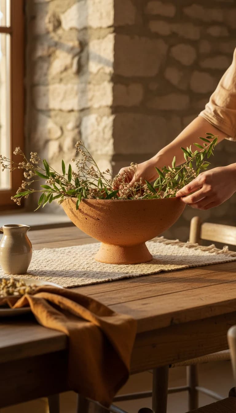 Handcrafted terracotta serving bowl in use