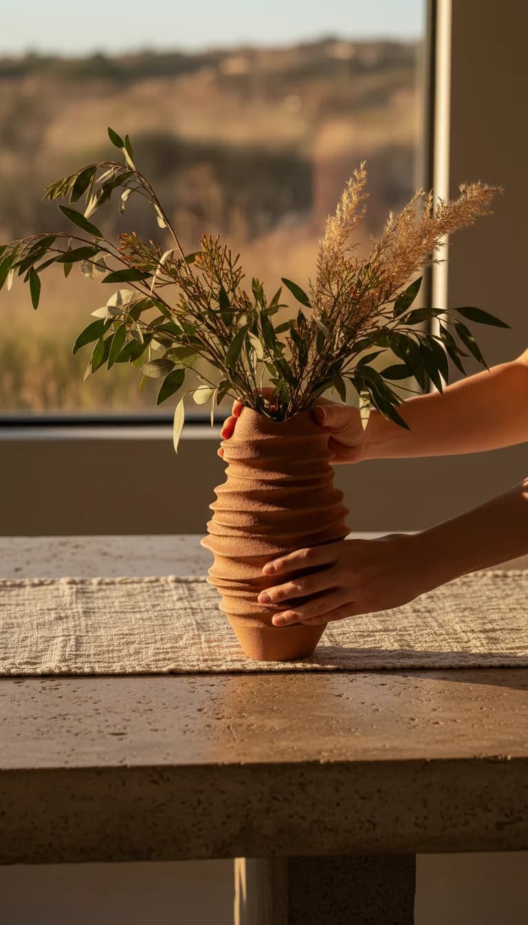 Terracotta Sculptural Vase in use