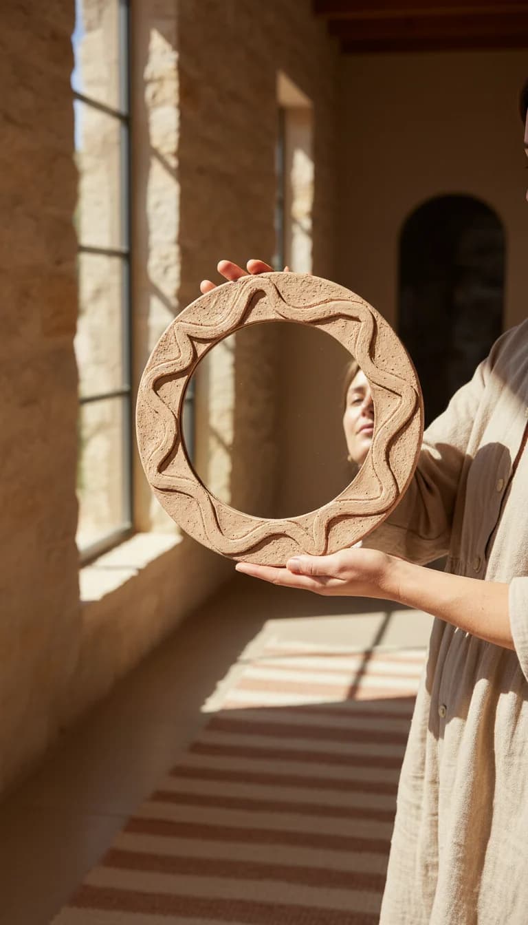 Round Terracotta Frame Mirror in use