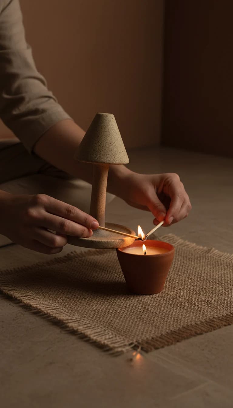 Stone clay candle snuffer in use